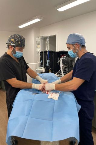 Drs Evan Galpin-Lebreau and Edouard Martin during a surgical procedure last November at the Kuujjuaq veterinary clinic.