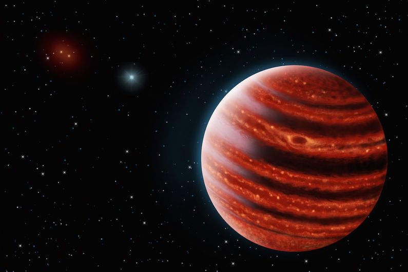 Une conception artistique de l'exoplanète de type Jupiter, 51 Eri b, vue à la lumière proche infrarouge dont les couches chaudes profondes dans son atmosphère sont visibles à travers les nuages. En raison de son jeune âge, cette jeune cousine de Jup Une conception artistique de l'exoplanète de type Jupiter, 51 Eri b, vue à la lumière proche infrarouge dont les couches chaudes profondes dans son atmosphère sont visibles à travers les nuages. En raison de son jeune âge, cette jeune cousine de Jup