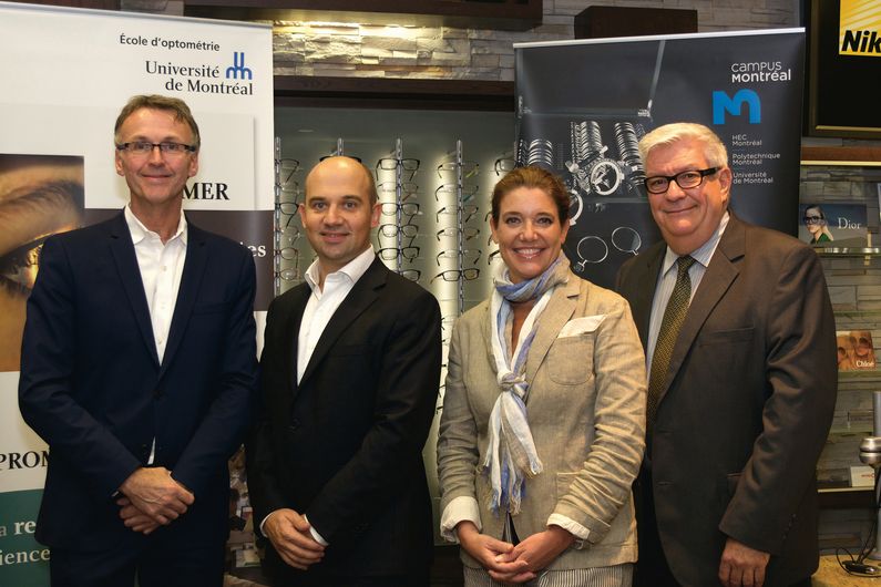 Dans l’ordre habituel, Christian Casanova, directeur de l’École d’optométrie ; Pierre Longerna, président d’Optique Nikon Canada ; Isabelle Mongeau, vice-présidente au marketing et au développement des affaires chez Optique Nikon Canada ; et Gil Desautels, directeur général intérimaire du Bureau du développement et des relations avec les diplômés. Dans l’ordre habituel, Christian Casanova, directeur de l’École d’optométrie ; Pierre Longerna, président d’Optique Nikon Canada ; Isabelle Mongeau, vice-présidente au marketing et au développement des affaires chez Optique Nikon Canada ; et Gil Desautels, directeur général intérimaire du Bureau du développement et des relations avec les diplômés.