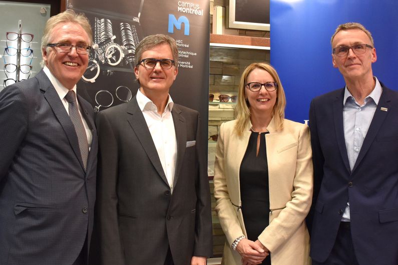 De gauche à droite: Raymond Lalande, vice-recteur aux relations avec les diplômés, aux partenariats et à la philanthropie; Robert Boulé, président d’Opto-Réseau; Christine Breton, directrice générale d’Opto-Réseau; et Christian Casanova, directeur de l’École d’optométrie de l’Université de Montréal. De gauche à droite: Raymond Lalande, vice-recteur aux relations avec les diplômés, aux partenariats et à la philanthropie; Robert Boulé, président d’Opto-Réseau; Christine Breton, directrice générale d’Opto-Réseau; et Christian Casanova, directeur de l’École d’optométrie de l’Université de Montréal.