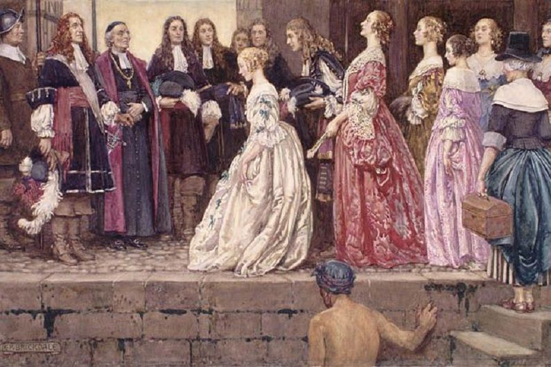 L'«Arrivée des filles du Roy à Québec, reçues par Jean Talon et Mgr Laval», d'Eleanor Fortescue-Brickdale, relate l'immigration de près d'un millier de jeunes femmes en Nouvelle-France au 17e siècle. C'est le roi de France qui paie le voyage et assure leur dot.
