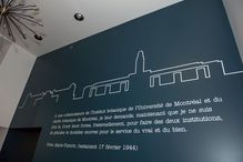 Cette murale où l'on peut voir la silhouette du bâtiment qui abrite l'IRBV et celle du pavillon emblématique de l'UdeM ainsi que la citation du frère Marie-Victorin est signée Jean-Nicolas Pitre.