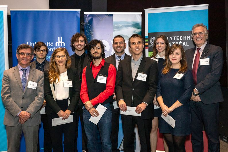 Les boursiers de l'Université de Montréal, accompagnés de Gaétan Lantagne, directeur des projets stratégiques et transversaux à l’Institut de recherche d’Hydro-Québec, et de Raymond Lalande, vice-recteur aux relations avec les diplômés, aux partenariats et à la philanthropie. Les boursiers de l'Université de Montréal, accompagnés de Gaétan Lantagne, directeur des projets stratégiques et transversaux à l’Institut de recherche d’Hydro-Québec, et de Raymond Lalande, vice-recteur aux relations avec les diplômés, aux partenariats et à la philanthropie.