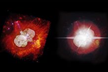 À gauche : une image d’Eta Carinae prise par le télescope spatial Hubble de la NASA en 2000 (Crédit : N. Smith et J. A. Morse). À droite : ce à quoi l’étoile pourrait ressembler d’ici 2032, quand elle aura occulté sa nébuleuse.