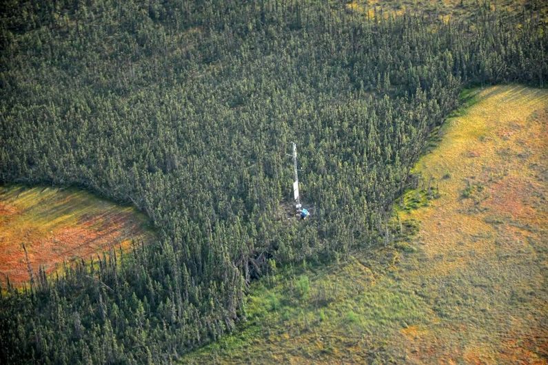 Image aérienne d'une tourbière entourant la forêt à Scotty Creek, dans les Territoires du Nord-Ouest. Au centre, une tour de covariance des turbulences qui mesure les flux de carbone, d’eau et de chaleur issus de la tourbière.

