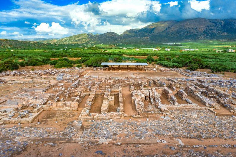 Aerial view of the ruins of the Minoan palace in Malia, Crete, Greece