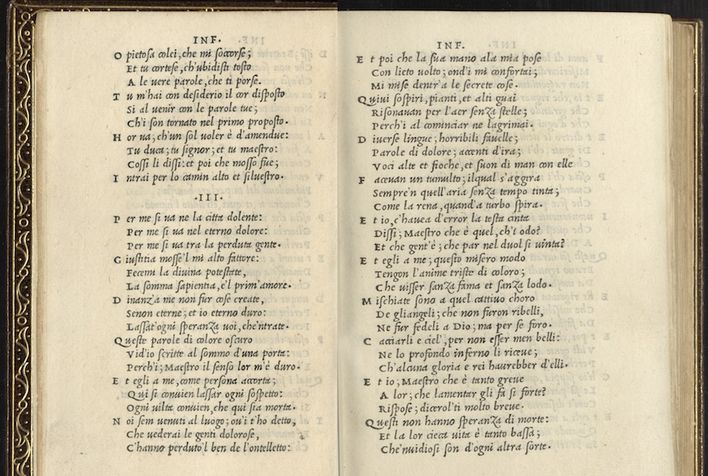 Dante Alighieri, Le Terze Rime di Dante, Venise, Alde Manuce, 1502. Ces passages dans l'image contiennent la fin du chant 2 et le début du chant 3 de l'Enfer. 
