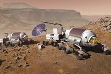 An artist’s concept depicting long-range exploration on the surface of Mars.