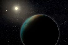 Représentation artistique de l'exoplanète TOI-1452 b, une petite planète qui pourrait être entièrement recouverte d'un profond océan.