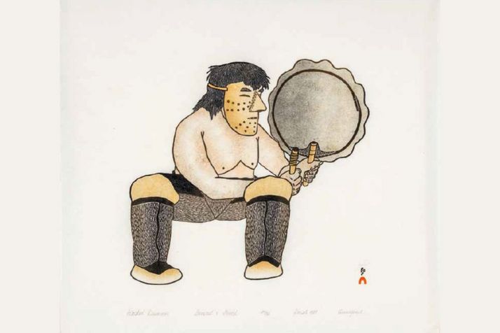 Kananginaq Pootoogook, Danseur masqué, 1989, Kinngait, Nunavut. Gravure sur pierre, pochoir. Collection Jean-Jacques Nattiez.