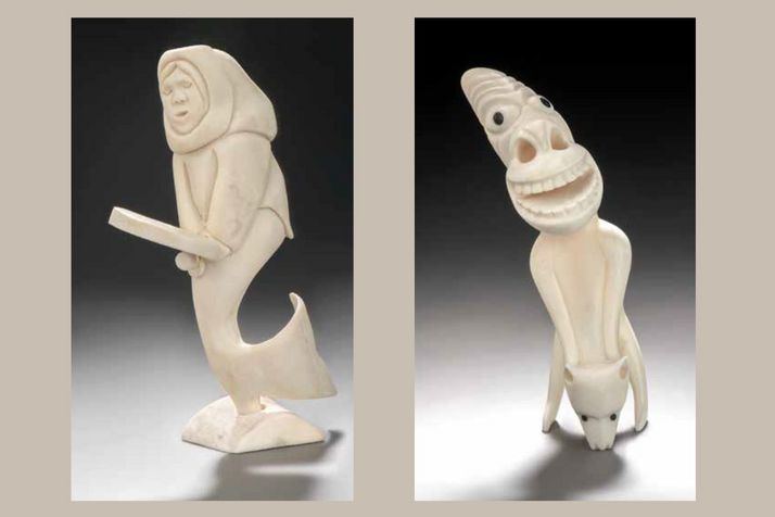 Deux sculptures en ivoire de la collection Jean-Jacques Nattiez.
"Sedna exécutant une danse à tambour" de Silas Kayakjuak. 
"Tupilak se transformant en chien" d'un artiste anonyme.