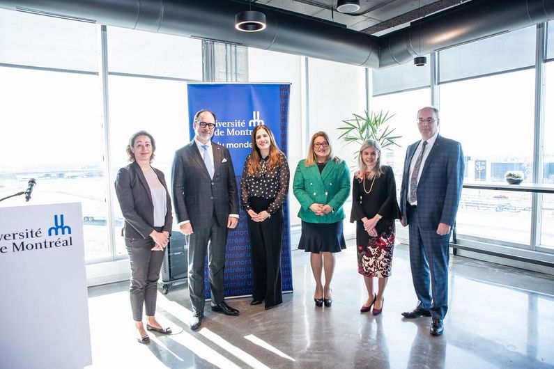 Christelle Chalono, directrice du Bureau de l’enseignement régional, Daniel Jutras, recteur de l’Université de Montréal, Pascale Déry, ministre de l’Enseignement supérieur, Doreen Assaad, mairesse de Brossard, Pascale Lefrançois, vice-rectrice aux affaires étudiantes et aux études et Éric Filteau, vice-recteur aux finances et aux infrastructures