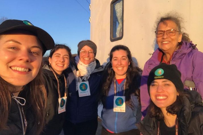 The entire FEHNCY mobile clinic team set up in Miawpukek: from left to right Ariane Lafortune, Alexandrine Roy, Mélanie Lemire, Anne-Renée Delli Colli, Tess Lalonde and Milena Nardocci.