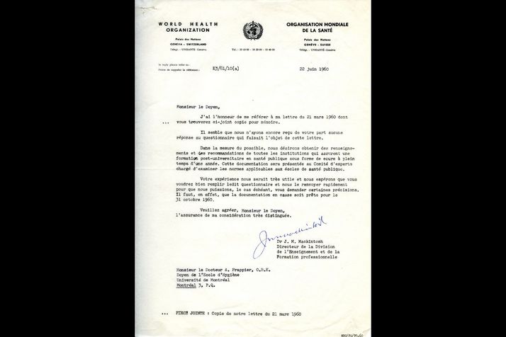 Lettre du Dr J.M. MacKintosh, de l’Organisation mondiale de la Santé, au Dr Armand Frappier, 22 juin 1960.
