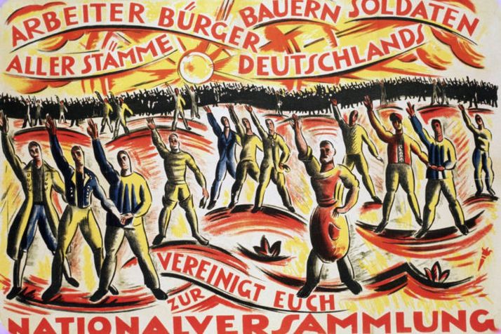 «Travailleurs, citadins, fermiers, soldats de toutes les tribus d'Allemagne : Unissez-vous pour former l'assemblée nationale»