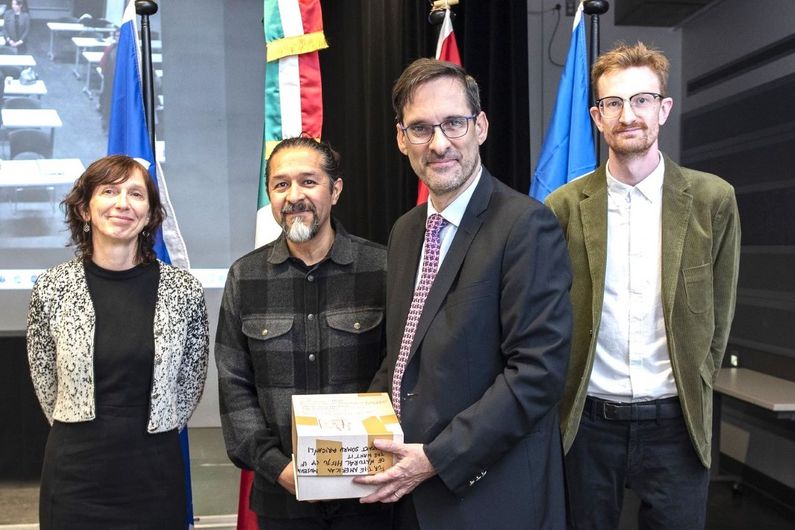 Professors Isabelle Ribot and Carlos Jacome Hernandez, Mexico's consul-general in Montreal, Alejandro Estivill Castro and Étienne Houle, master's student in anthropology.