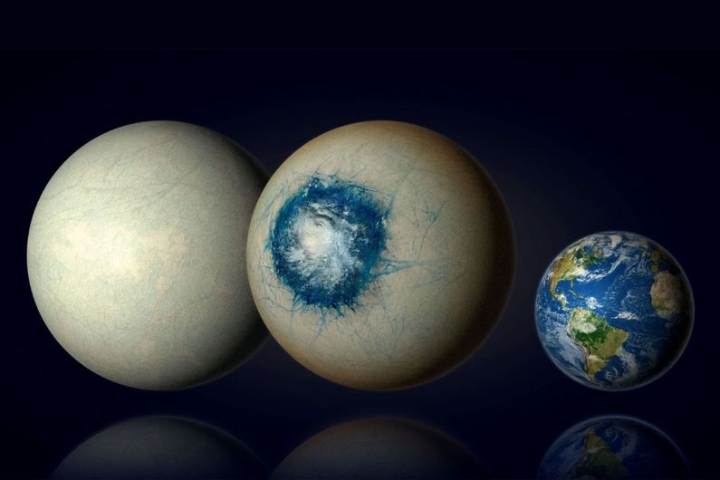 Temperate exoplanet LHS 1140 b may be a world completely covered in ice (left) similar to Jupiter’s moon Europa or may be an ice world with a liquid substellar ocean and a cloudy atmosphere (centre). LHS 1140 b is 1.7 times the size of our planet Earth (right) and is the most promising habitable zone exoplanet yet found in the search for liquid water beyond the Solar System.