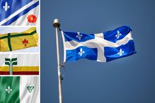 Les drapeaux des Franco-Albertains, des Fransaskois, des Franco-Manitobains et des Franco-Ontariens ainsi que le drapeau québécois