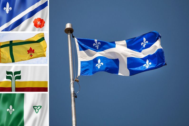Les drapeaux des Franco-Albertains, des Fransaskois, des Franco-Manitobains et des Franco-Ontariens ainsi que le drapeau québécois