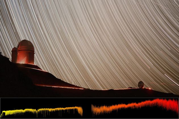 Ci-dessus: L'instrument NIRPS est installé sur le télescope de 3,6 mètres de l'observatoire de La Silla, au Chili. Ci-dessous: Spectre pris par NIRPS lors des tests préliminaires de l'étoile Proxima du Centaure, notre plus proche voisine, en juin 2023.