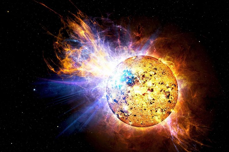 Vue d’artiste d’une naine rouge active semblable à AD Leo, connue pour ses énormes éruptions stellaires. AD Leo a été la première étoile observée avec le nouvel instrument SPIRou du télescope Canada-France-Hawaï.
