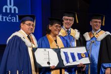 De gauche à droite: le recteur de l'UdeM, Guy Breton, Michèle Audette, le chancelier, Louis Roquet, et le secrétaire général de l'Université, Alexandre Chabot.