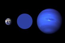 Comparaison de la taille de la Terre, de l'exoplanète Wolf 503b et de Neptune. La couleur bleue de Wolf 503b est imaginaire, car on ne sait encore rien de l’atmosphère ou de la surface de la planète.