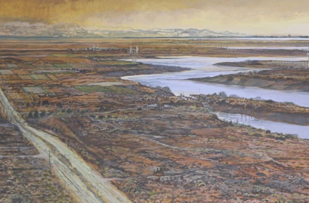 3/3 L’image illustre l’année 2500 et montre un paysage aride et un faible niveau d’eau résultant du déclin de la végétation, avec des installations rares ou dégradées et une activité humaine minimale.