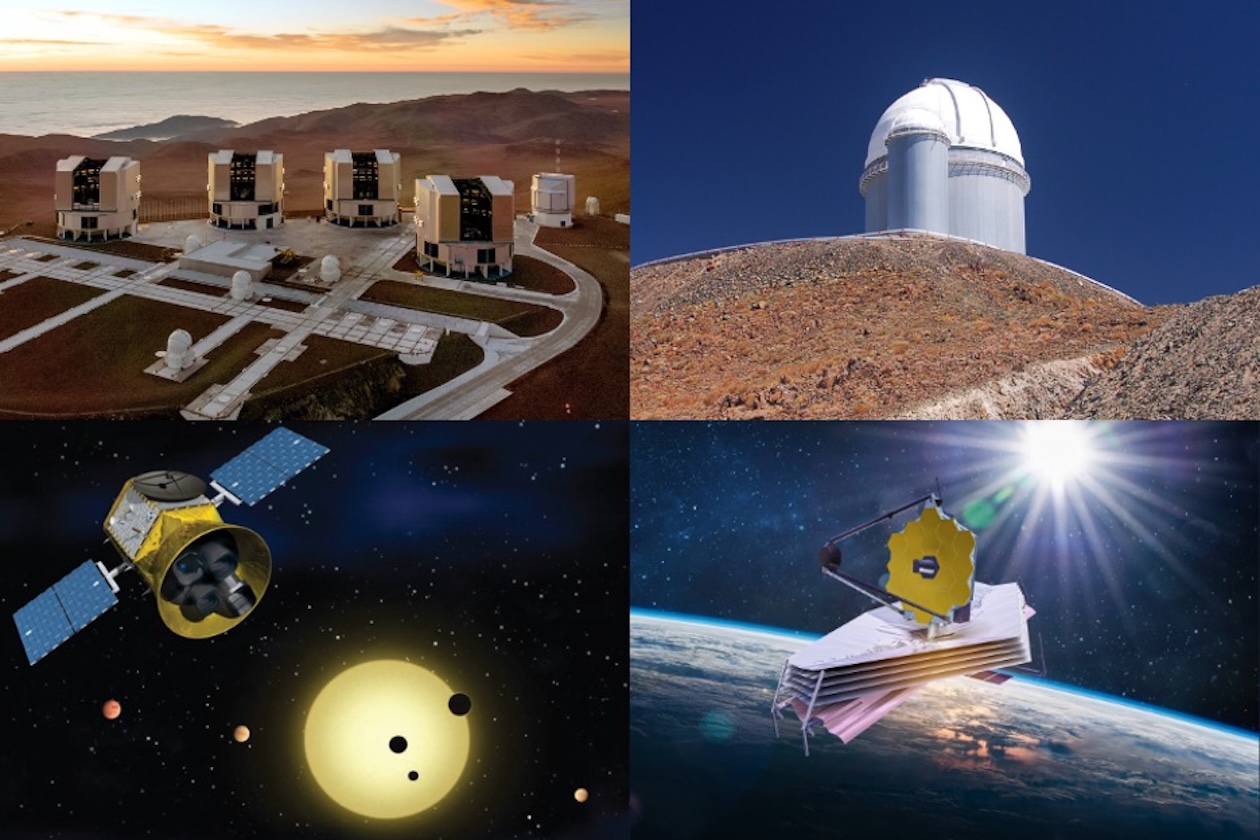 This study exploits data from two ground-based telescopes: the Very Large Telescope (top left, credit: ESO/G. Hüdepohl) and the ESO 3.6-metre telescope, with the HARPS instrument (top right, credit: ESO), as well as two space telescopes: TESS and JWST, shown here in artistic representations, respectively, bottom right and bottom left. This study exploits data from two ground-based telescopes: the Very Large Telescope