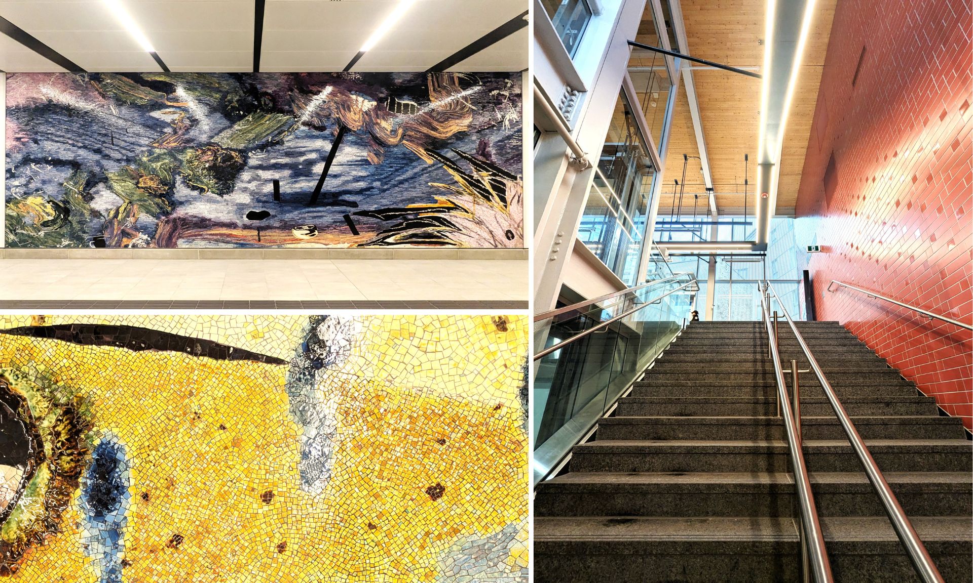 À gauche: les œuvres de Manuel Mathieu à la station Édouard-Montpetit; à droite: l'intérieur de la station Édouard-Montpetit