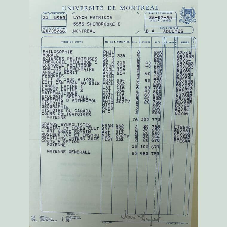 Le relevé de notes de l’UdeM de Patricia Lynch