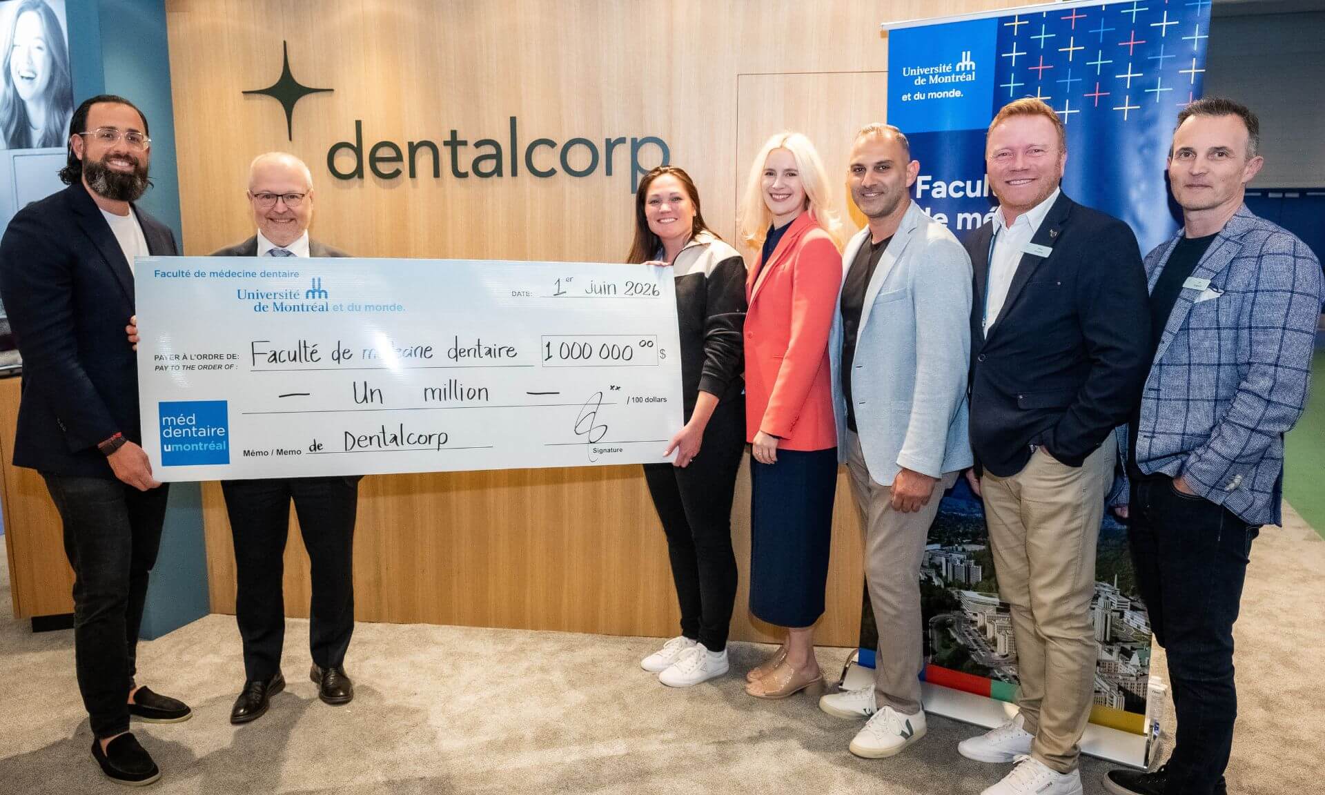 Representatives from Dentalcorp and the Université de Montréal mark the announcement of the Dentalcorp Fund, a $1 million commitment to the Faculty of Dental Medicine. From left to right: Nate Tchaplia, President, Dentalcorp; Dr. Hugo Ciaburro, Dean, Faculty of Dental Medicine, Université de Montréal; Alexandra Murray, Director, Associate Recruitment, Quebec, Dentalcorp; Emilie L. Cayer, Executive Director of Philanthropy, Université de Montréal; Joe Farra, Vice President, Associate Recruitment, Dentalcorp; Alain Maranda, Director, Partnership Development, Quebec, Dentalcorp; Joe Spagnuolo, Senior Vice President, Quebec, Dentalcorp.