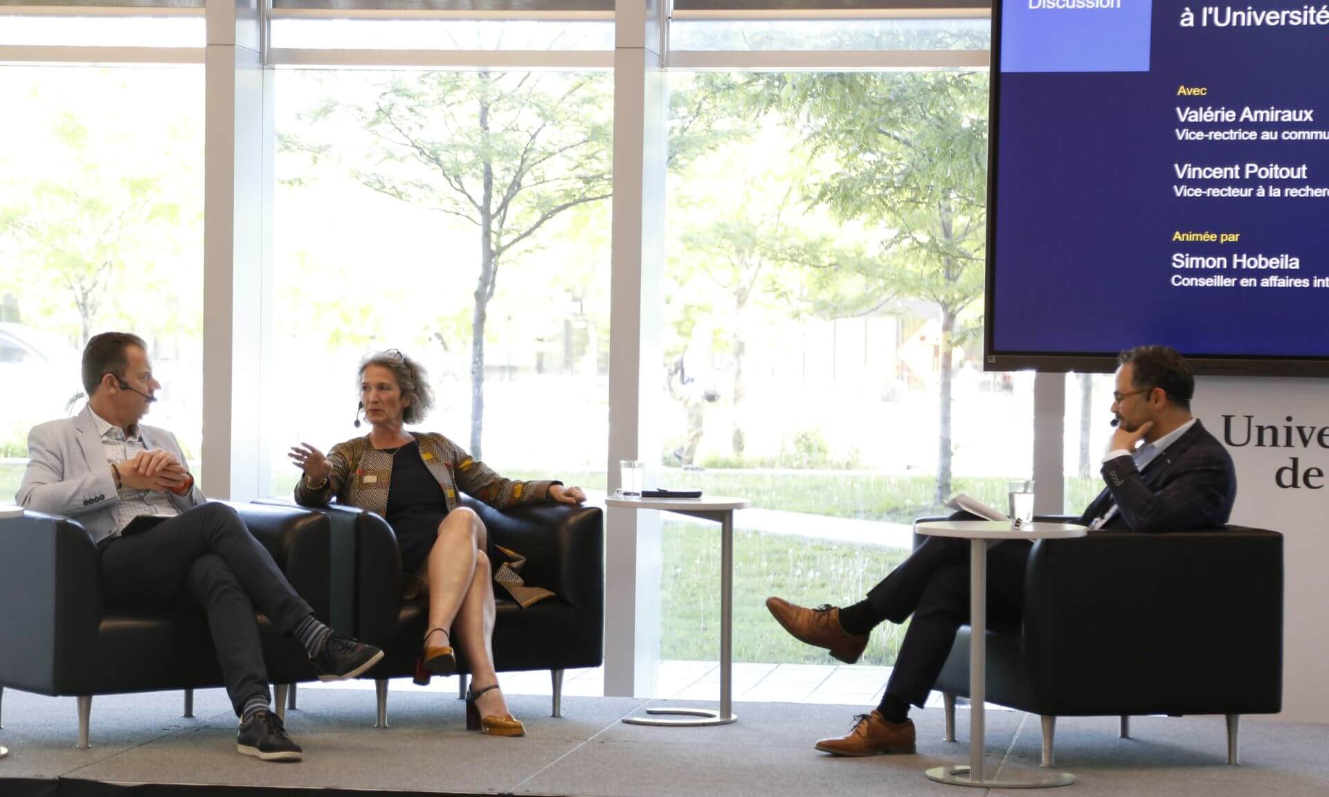 Vincent Poitout, vice-recteur à la recherche et à l'innovation; Valérie Amiraux, vice-rectrice au communautaire, à l'international et aux Premiers Peuples; Simon Hobeila, conseiller en affaires internationales à UdeM international