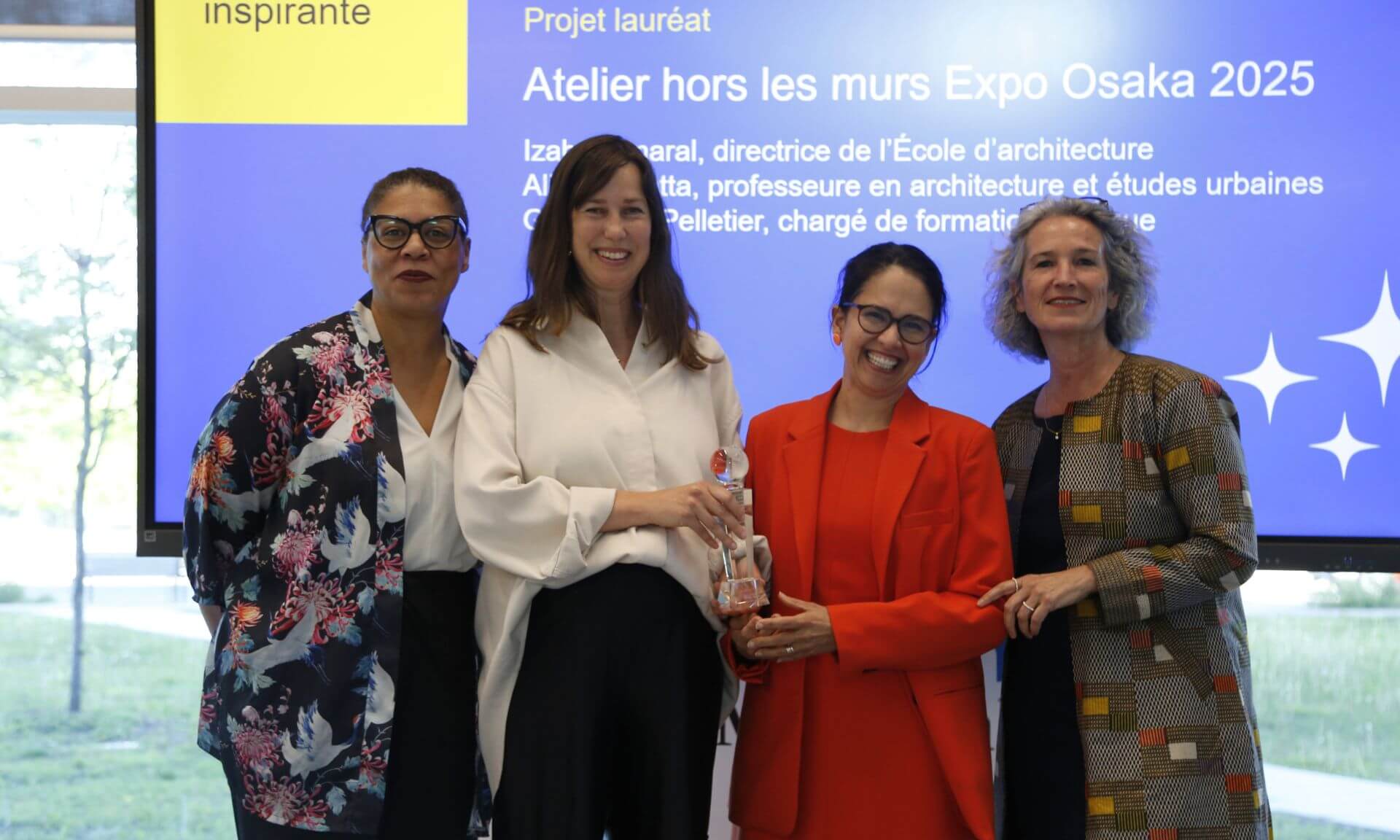 Virginie Allard-Caméus, directrice générale d’UdeM international, Alice Covatta, professeure adjointe à l’École d’architecture, Izabel Amara, directrice de l’École d’architecture et Valérie Amiraux, vice-rectrice au communautaire, à l’international et aux Premiers Peuples
