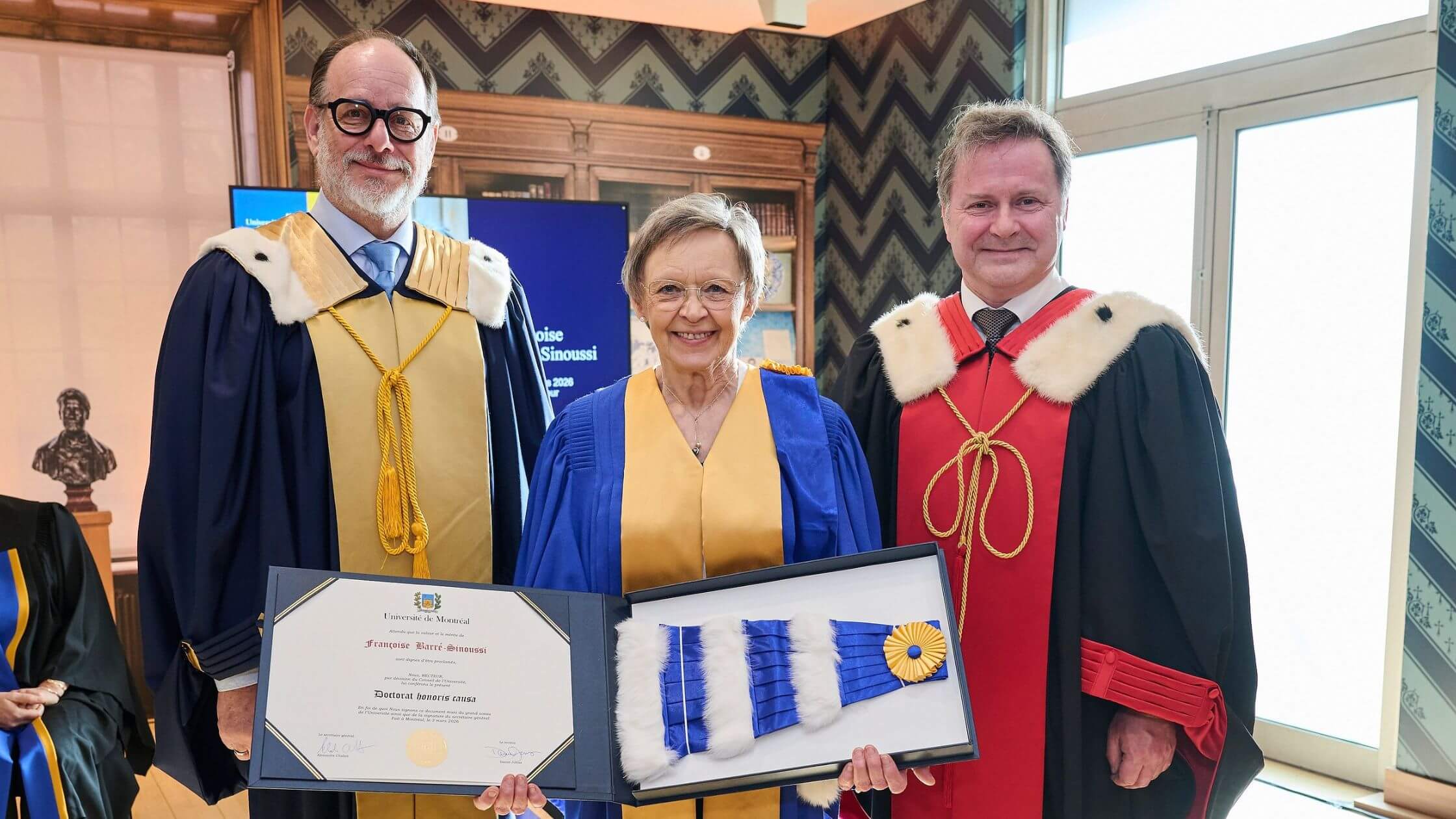 The Université de Montréal awarded Françoise Barré-Sinoussi an honorary doctorate during a ceremony held on March 3 at the Institut Pasteur in Paris.
