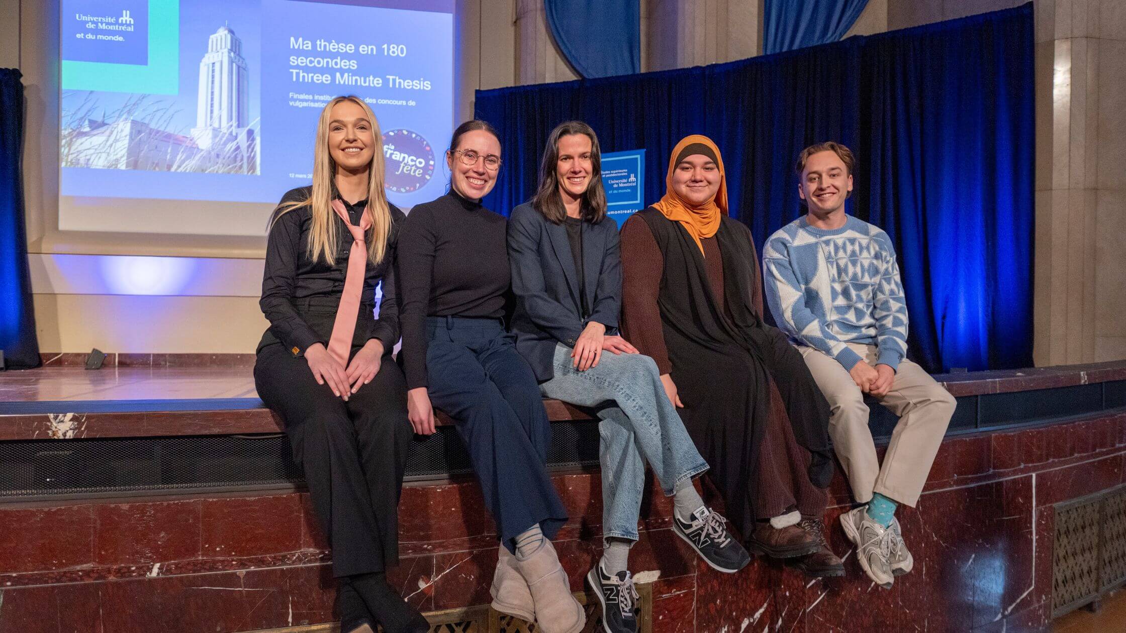 Les lauréates et le lauréat du concours de vulgarisation scientifique «Ma thèse en 180 secondes» et «Three Minute Thesis»: Karlee Lefebvre, Florence Piché, Gabrielle Cadotte, Lyna Hanafi et William Jubinville.