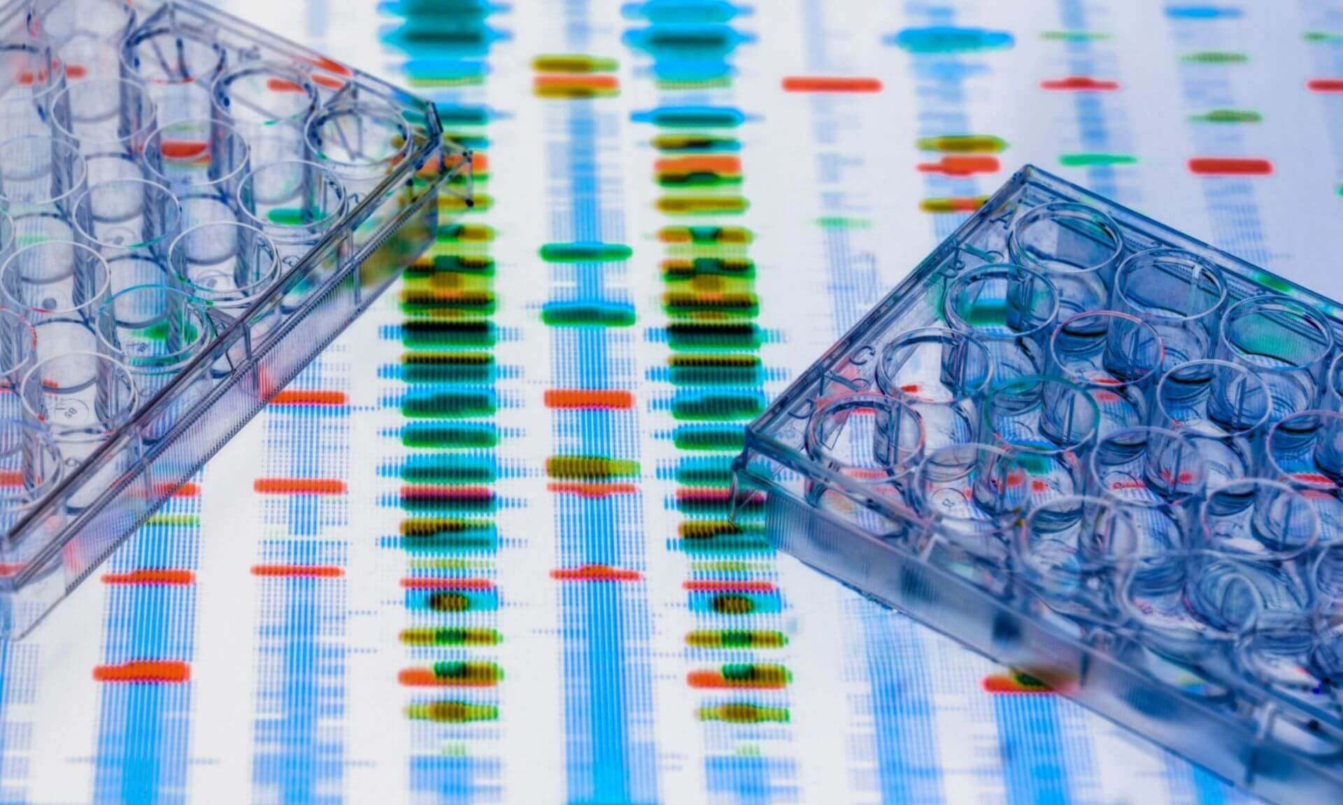 A vivid depiction of scientific research featuring genetic sequencing and lab equipment.