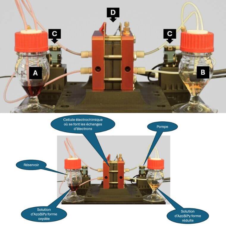 The prototype battery assembly used for energy storage efficiency measurements (in French). It is a symmetrical battery used to evaluate the stability of the developed molecule. Reservoirs A and B contain solutions of the organic molecule AzoBiPy, in its oxidized form in A and in its reduced form in B. The solutions are pumped by pumps (C) to the electrochemical cell where electron exchange takes place (D).