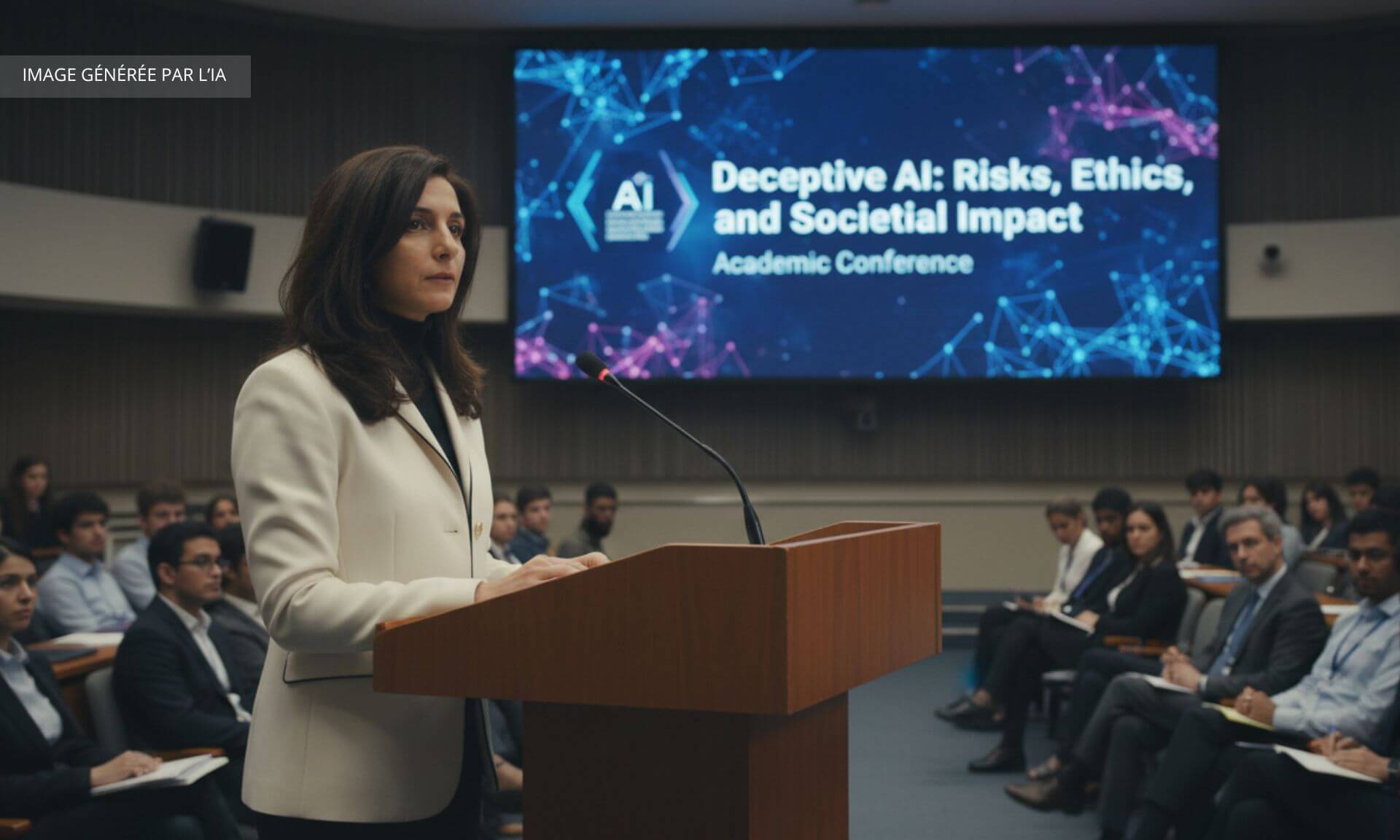 Esma Aïmeur devant un auditoire comble, donnant une conférence captivante. Sauf que ni la salle, ni le public, ni la mise en scène n'existent. Cette image a été générée à partir d'une photo d'identité réelle d'Esma Aïmeur, qui l’a présentée lors d'une vraie conférence sur l'IA générative en Bretagne, le 22 janvier 2026, pour illustrer la facilité avec laquelle un faux peut être fabriqué.