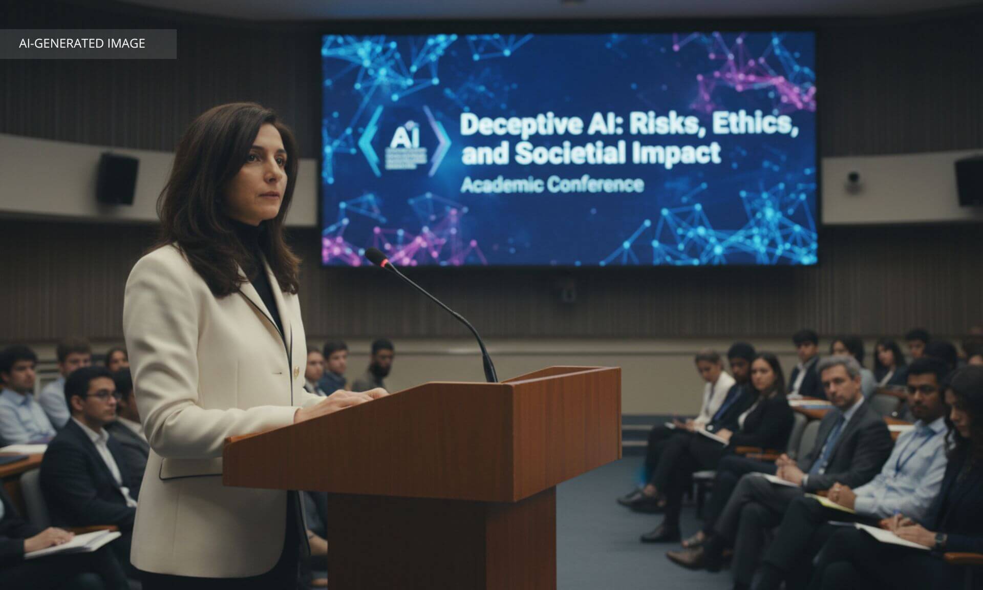 Esma Aïmeur in front of a packed auditorium, giving a captivating lecture. Except that neither the room, nor the audience, nor the staging exist. This image was generated from a real ID photo of Esma Aïmeur, who presented it at a real conference on generative AI in Brittany on January 22, 2026, to illustrate how easy it is to create a fake.