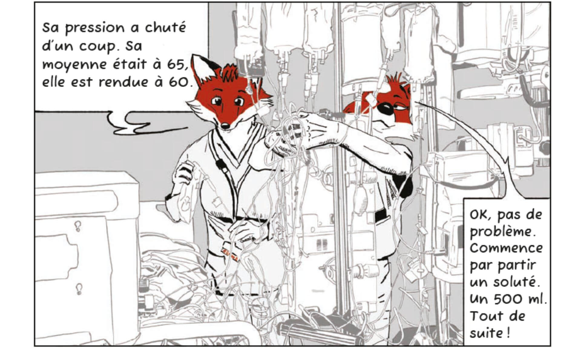 Les professionnelles et professionnels de la santé sont représentés par des animaux allures humaines. Ce choix permet de cerner les dimensions psychologiques des personnages.