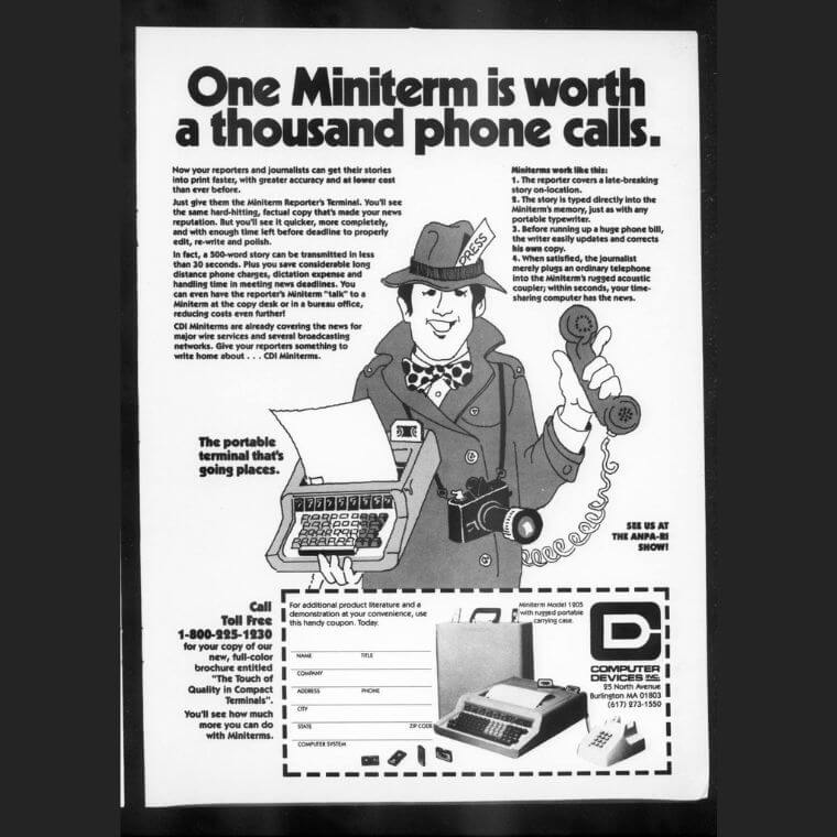 Annonce d'une page pour le Miniterm modèle 1205, Editor & Publisher, 13 mai 1978, p. 67.