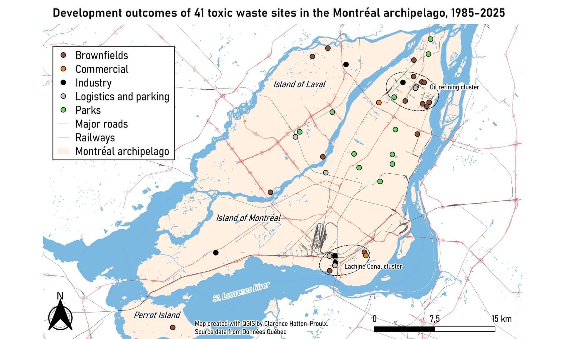 Localisation des 41 sites de déchets toxiques analysés par Clarence Hatton-Proulx, tous concentrés dans l'archipel de Montréal.