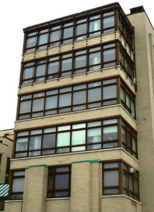 On peut observer les structures extérieures ajoutées il y a quelques années pour solidifier les verrières aux deux derniers étages du pavillon. On peut observer les structures extérieures rajoutées il y a quelques années, pour solidifier les verrières aux deux derniers étages du pavillon.