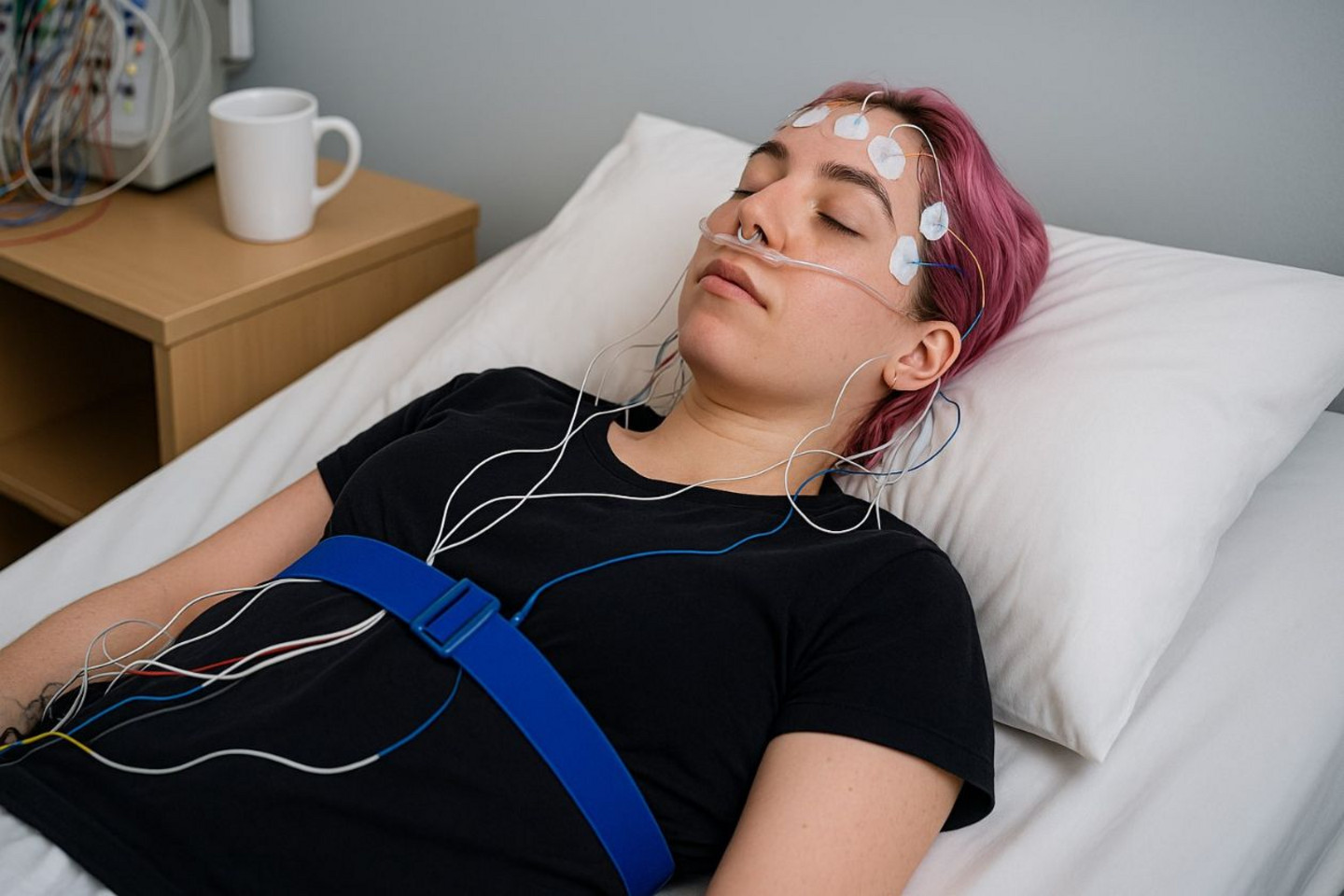 Image d'une personne en cours d’enregistrements polysomnographiques avec électrodes EEG pendant le sommeil, créée à l’aide de DALL·E à des fins illustratives / Prompt de Karim Jerbi