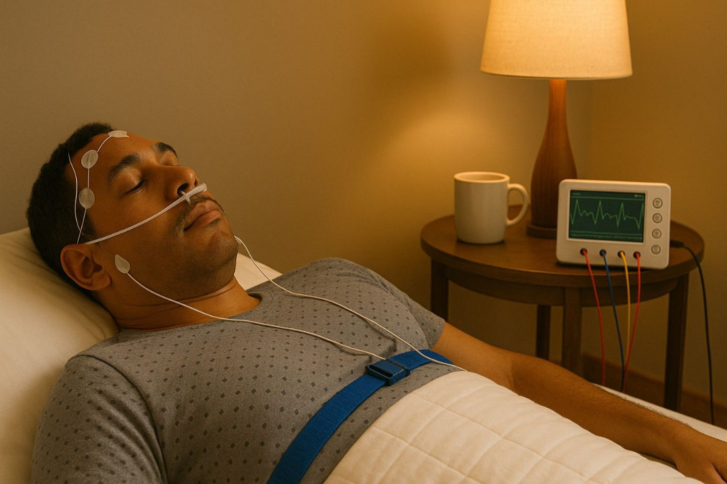 Image d'une personne en cours d’enregistrements polysomnographiques avec électrodes EEG pendant le sommeil, créée à l’aide de DALL·E à des fins illustratives / Prompt de Karim Jerbi