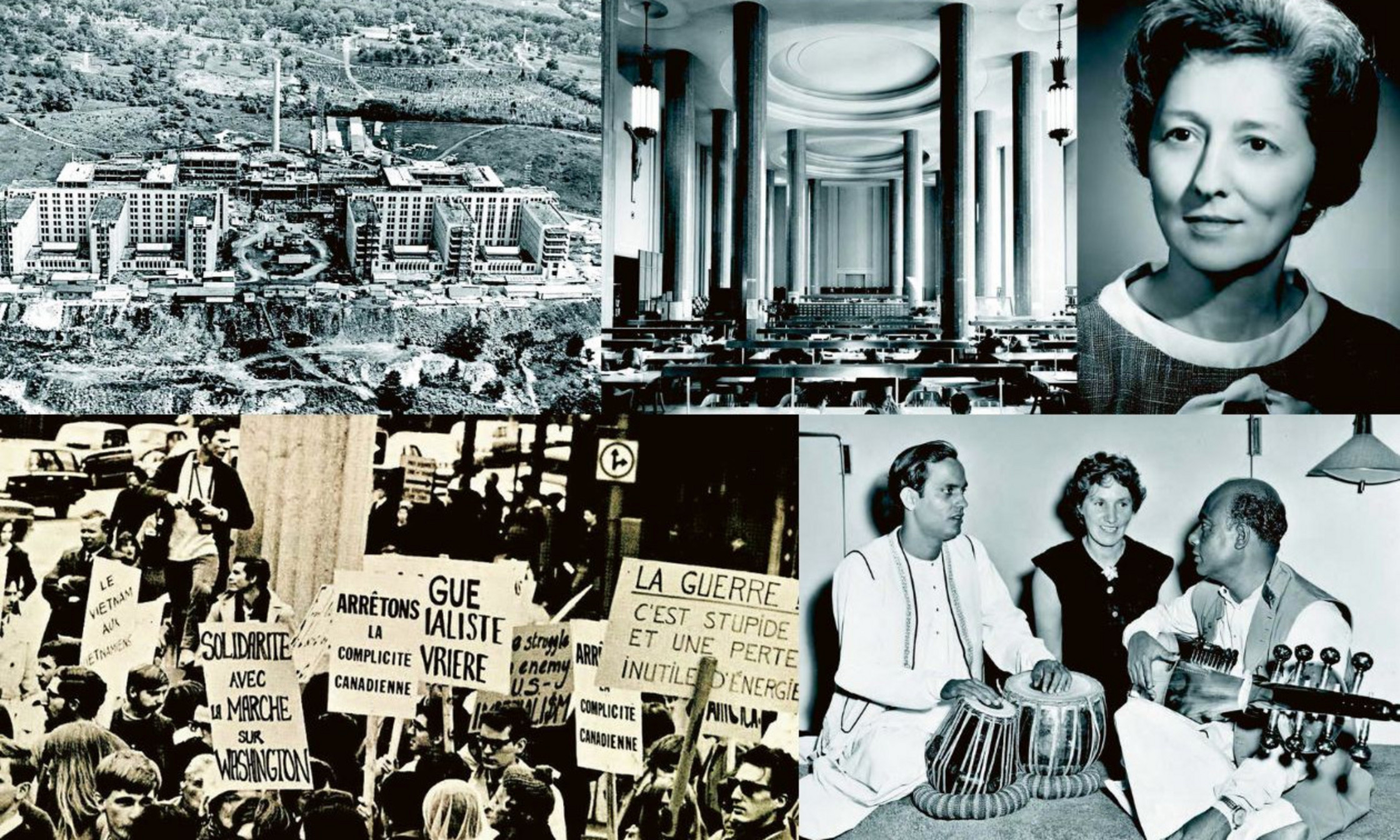 L’Université de Montréal en construction, années 1930; Salle de lecture à la Bibliothèque centrale de l’UdeM, années 1960. Elle sera démantelée pour faire place à l’actuelle Bibliothèque de la santé; Marguerite Mathieu, pionnière du travail social dans le monde. Elle est devenue professeure à l’Université de Montréal en 1950 ainsi que la première personne laïque et la première femme à y diriger l’École de service social en 1968; Manifestation d’étudiants en appui à l’une des marches sur Washington. Quartier latin, 26 octobre 1967; L’Université reçoit, pour ses cours d’été à la Faculté de musique, des musiciens du monde entier: Shan Kar Gosh, Routte Renshaw et Aliakbar Khan.