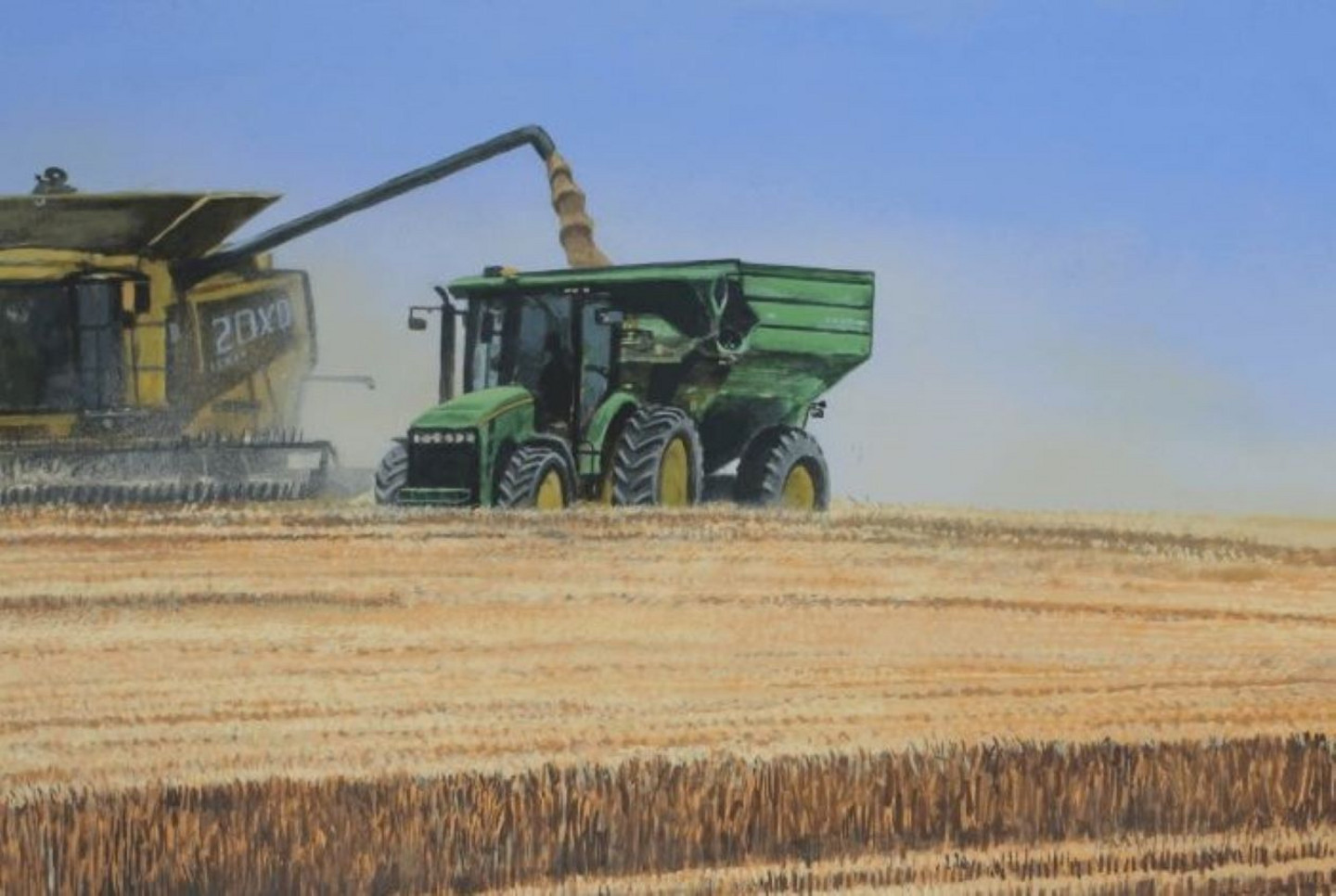 2/3 Le tableau représente la même région aujourd’hui, avec une monoculture de céréales et de grandes moissonneuses. 