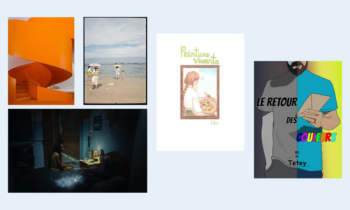 En partant de la gauche en haut, les photos «Terrain de jeu», de Juliette Diallo, «À la plage», de Mathilde Elie, et «La Shamb Pépé (La Chambre de Pépé)», de Célia Berby Maillot; et de gauche à droite les pages couverture de deux bandes dessinées, soit «Peinture vivante», de Lydia McDuff, et «Le retour des couleurs», de Kevin Sandeus.