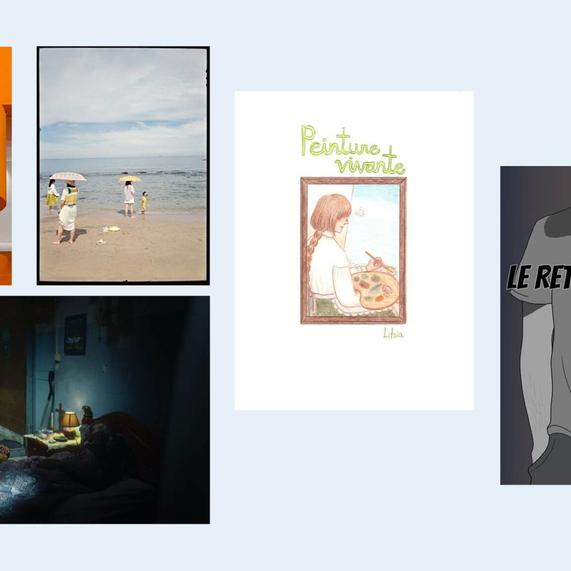 En partant de la gauche en haut, les photos «Terrain de jeu», de Juliette Diallo, «À la plage», de Mathilde Elie, et «La Shamb Pépé (La Chambre de Pépé)», de Célia Berby Maillot; et de gauche à droite les pages couverture de deux bandes dessinées, soit «Peinture vivante», de Lydia McDuff, et «Le retour des couleurs», de Kevin Sandeus.